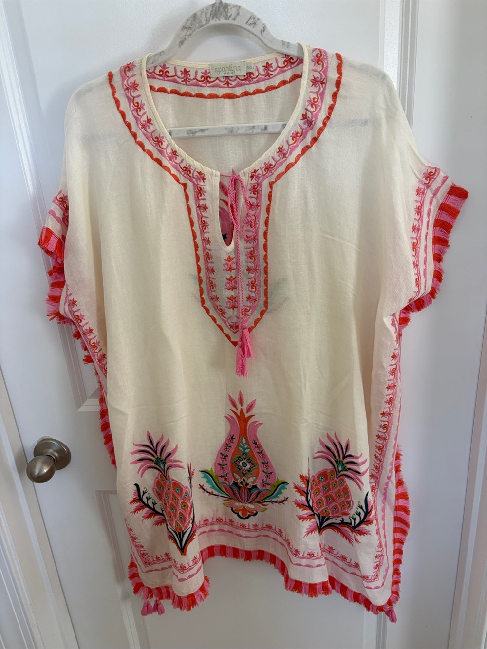 Spartina 449 Cream Swim Coverup with Pink and Coral Embroidery